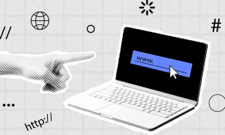 Laptop with cursor on 'www.' in address bar, pointing hand, and web icons.