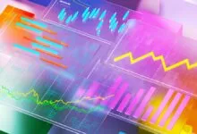 Abstract financial charts and graphs on transparent screens.