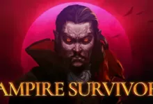 Vampire Survivors game art featuring a menacing vampire character.