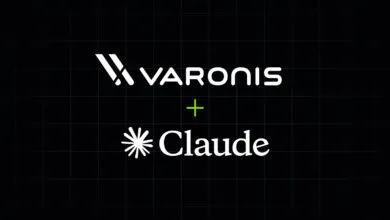 Varonis and Claude logo on a black grid background.