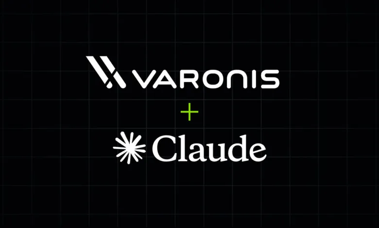 Varonis and Claude logo on a black grid background.