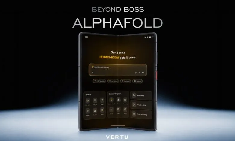 Vertu Alphafold foldable phone displaying Hermes-Agent interface.