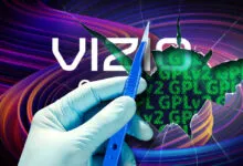 Gloved hand uses scalpel to break Vizio logo revealing GPLv2 code.