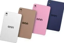 Four ONN tablets in white, tan, pink, and blue, angled against a white background.