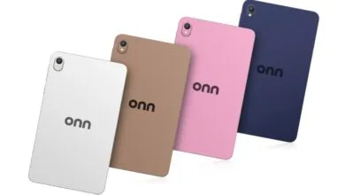 Four ONN tablets in white, tan, pink, and blue, angled against a white background.