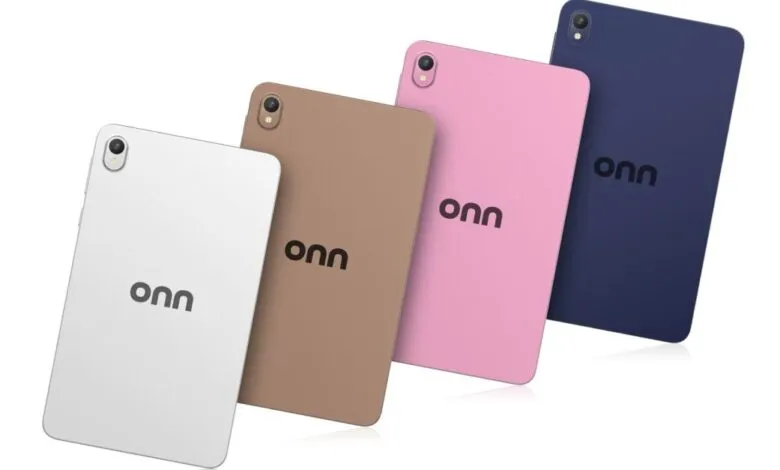 Four ONN tablets in white, tan, pink, and blue, angled against a white background.