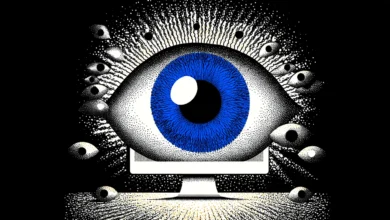 Large blue eye on a computer screen, surrounded by smaller eyes.