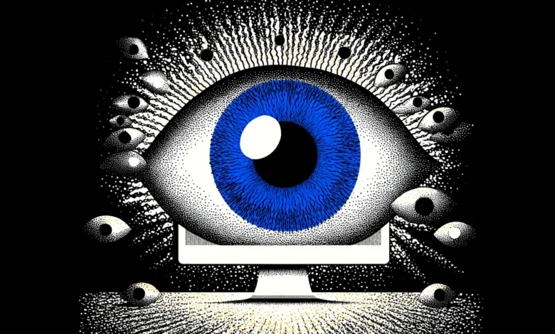 Large blue eye on a computer screen, surrounded by smaller eyes.