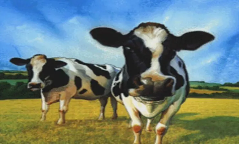 Two black and white cows stand in a grassy field under a blue sky.