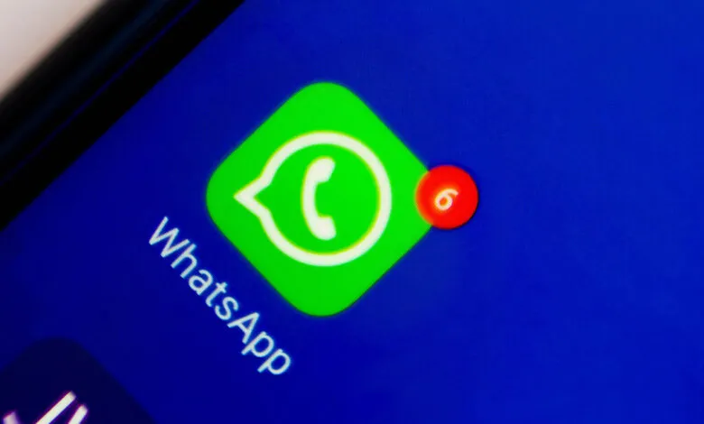 WhatsApp icon on phone screen with notification badge showing '6'.