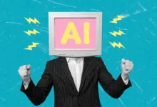 Person in suit with computer monitor head displaying 'AI', fists clenched.