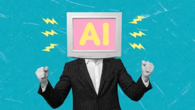 Person in suit with computer monitor head displaying 'AI', fists clenched.