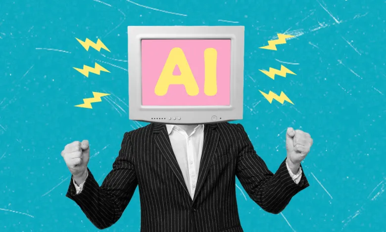 Person in suit with computer monitor head displaying 'AI', fists clenched.
