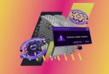 Software update required notification with gears and cube structure.