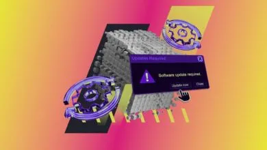 Software update required notification with gears and cube structure.