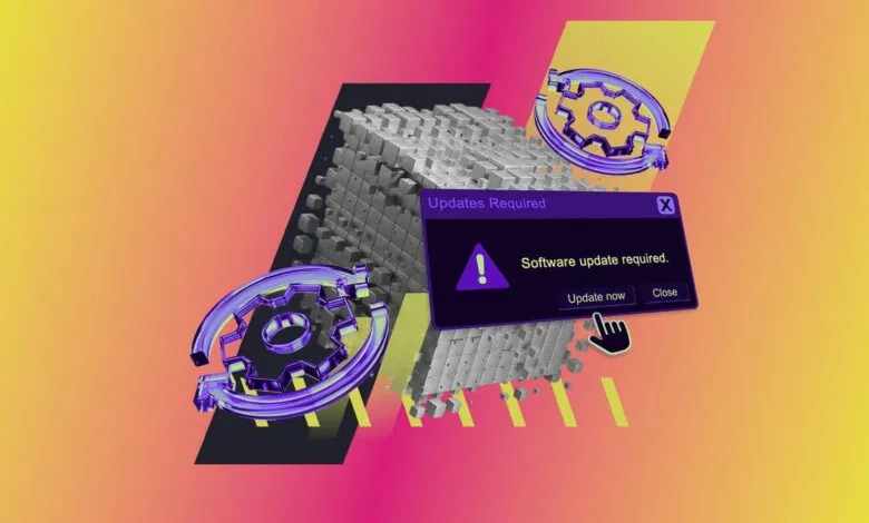 Software update required notification with gears and cube structure.