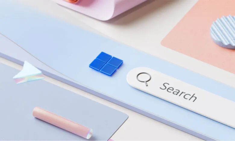 Abstract Windows 11 design with search bar and logo.