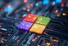 Close-up of a colorful computer chip on a circuit board, abstract technology.