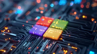 Close-up of a colorful computer chip on a circuit board, abstract technology.