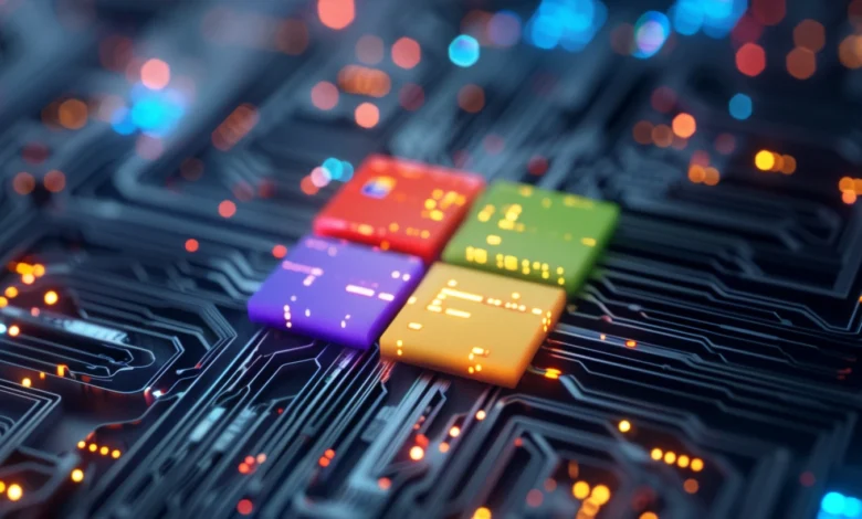 Close-up of a colorful computer chip on a circuit board, abstract technology.