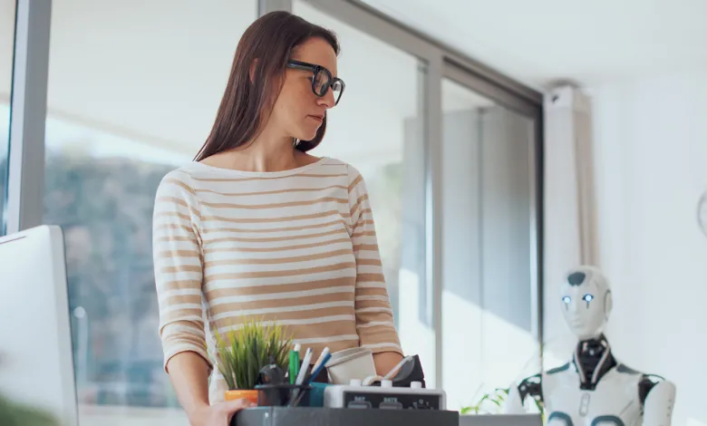 Woman carrying box with office items, robot in background.