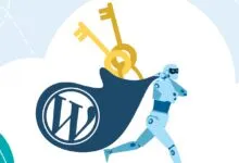 Robot running with WordPress logo bag containing golden keys.