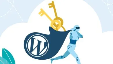 Robot running with WordPress logo bag containing golden keys.