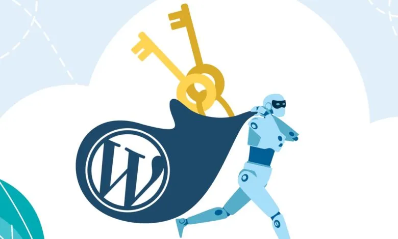 Robot running with WordPress logo bag containing golden keys.