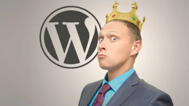 Man in suit and crown stands next to WordPress logo.