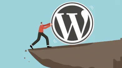 Man pushes WordPress logo off cliff edge, symbolizing website challenges.