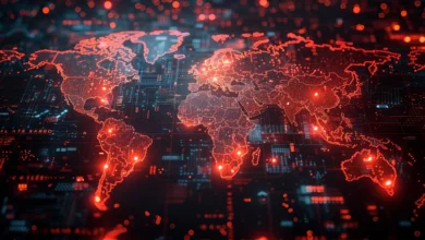 World map outlined in red dots on a dark, circuit board-like background.