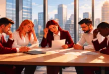 Five diverse business professionals looking stressed at a conference table.