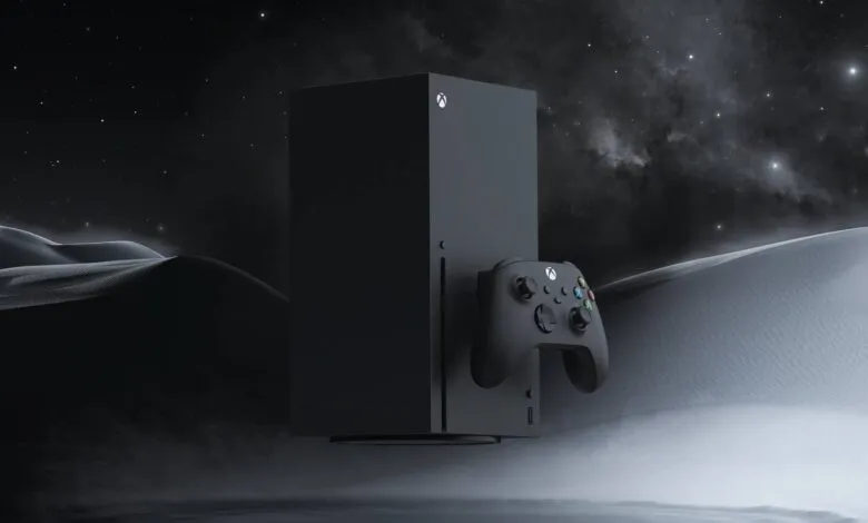 Xbox Series X console and controller against a starry desert backdrop.