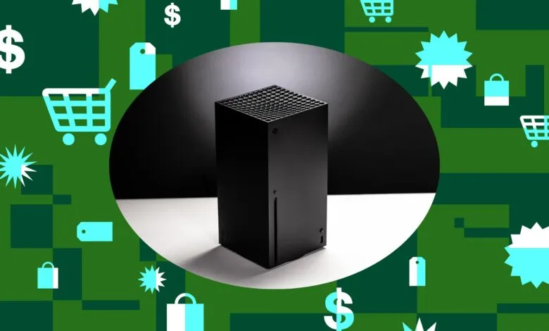 Xbox Series X console on a white surface with a green and blue shopping-themed background.