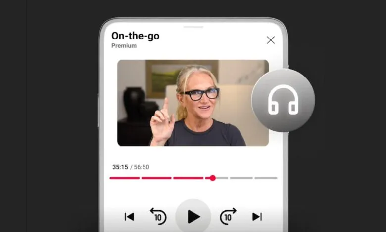 Smartphone displaying YouTube's 'On-the-go' mode with a woman visible.