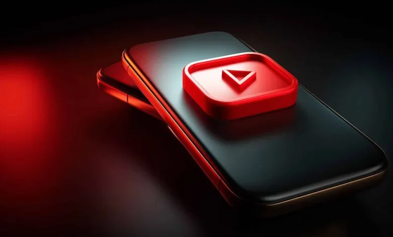 Two smartphones stacked with a red YouTube play button icon on top.