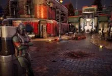 Character in helmet leans against wall in dystopian street scene.