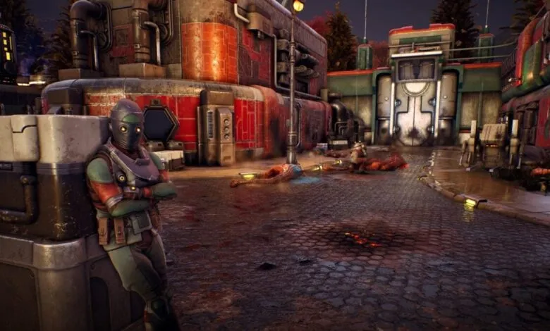 Character in helmet leans against wall in dystopian street scene.