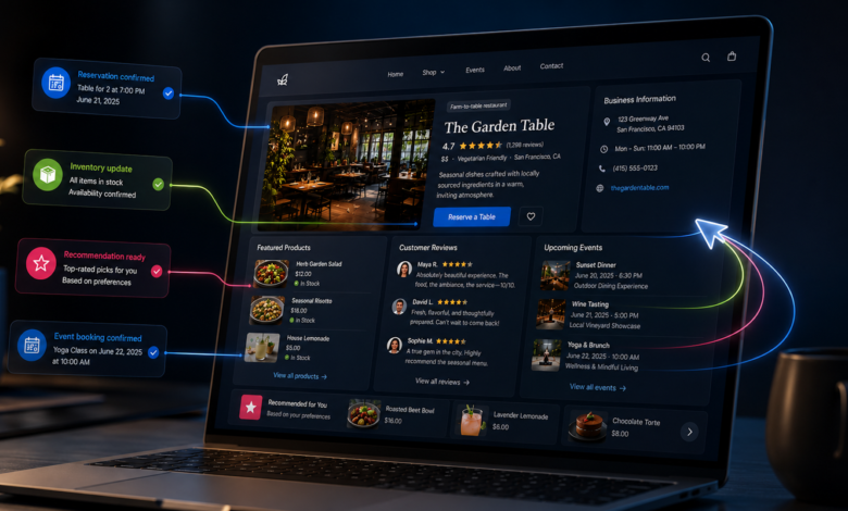 Laptop screen showing restaurant website with reservation and inventory updates.