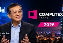 Lip-Bu Tan, Intel CEO, at Computex Taipei 2026 event with city skyline.