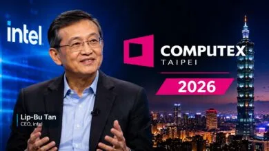 Lip-Bu Tan, Intel CEO, at Computex Taipei 2026 event with city skyline.
