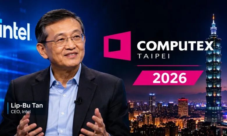 Lip-Bu Tan, Intel CEO, at Computex Taipei 2026 event with city skyline.
