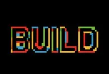 Pixelated word 'BUILD' in red, yellow, green, and blue on black.