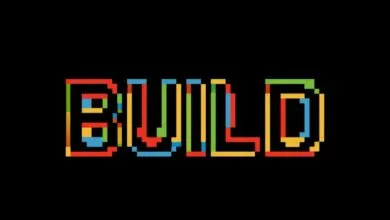 Pixelated word 'BUILD' in red, yellow, green, and blue on black.