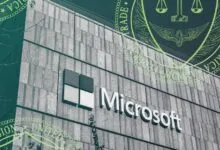 Microsoft building exterior with FTC seal overlay, suggesting regulatory scrutiny.