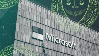 Microsoft building exterior with FTC seal overlay, suggesting regulatory scrutiny.