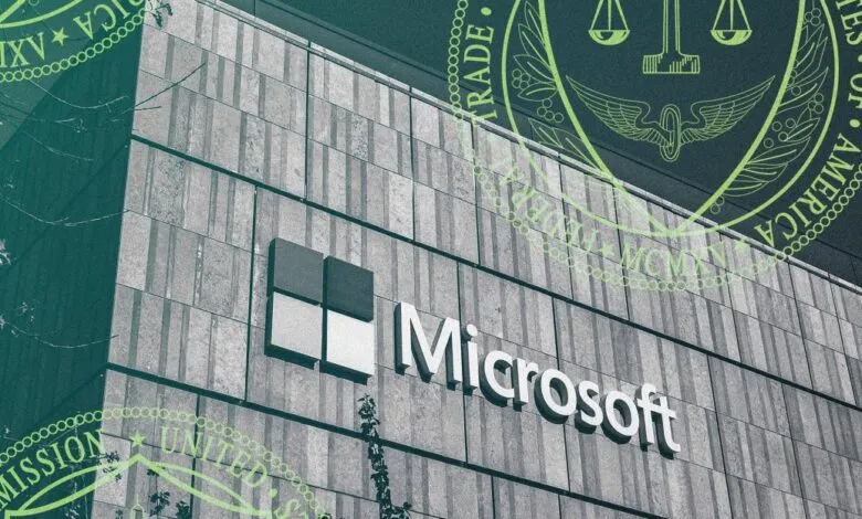 Microsoft building exterior with FTC seal overlay, suggesting regulatory scrutiny.