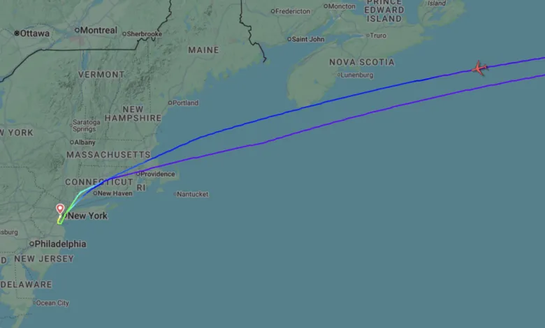 Flight path from New York to Nova Scotia shown on map.