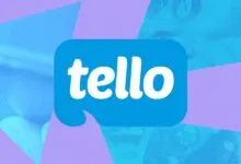 Tello logo in a blue speech bubble on a textured purple and blue background.