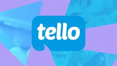 Tello logo in a blue speech bubble on a textured purple and blue background.